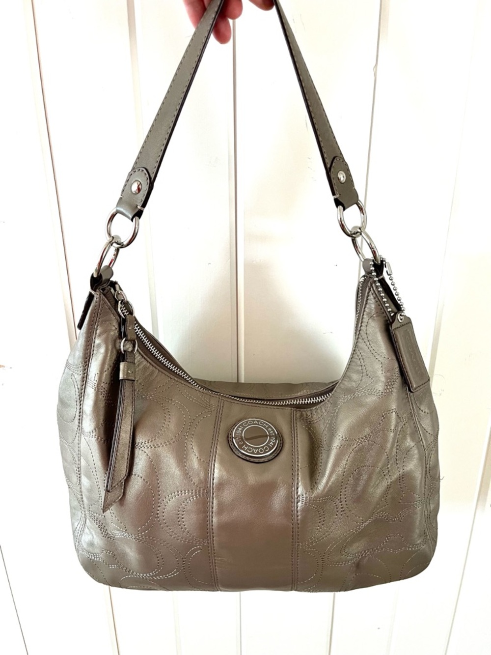 Coach Signature Taupy Metallic Leather Hobo Bag - Picture 3 of 11